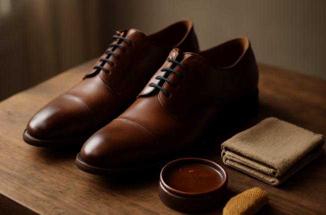 Sepatu kulit pria berwarna cokelat dan peralatan perawatan di atas meja kayu