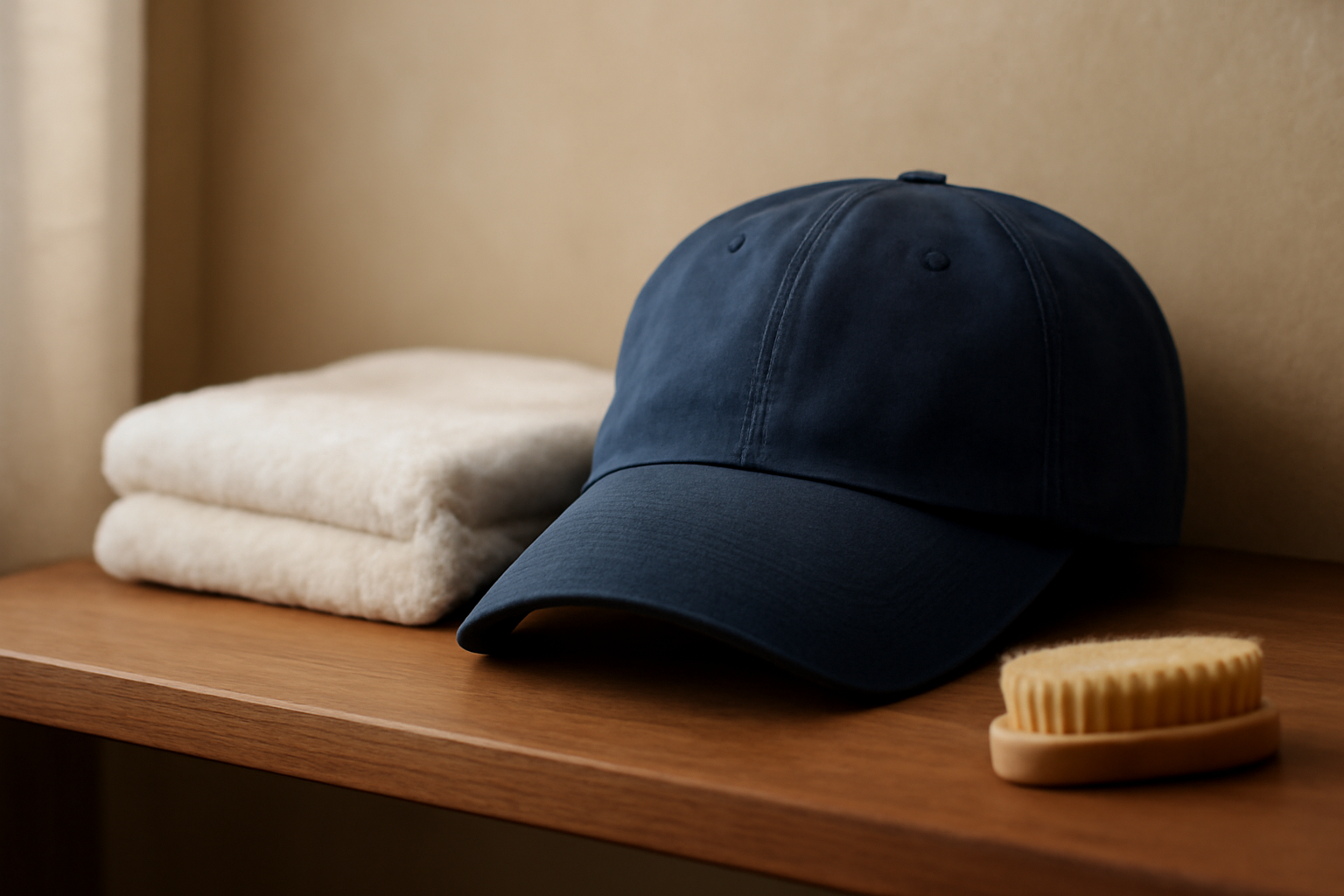 Topi baseball pria warna navy diletakkan di rak kayu bersama handuk dan sikat untuk perawatan