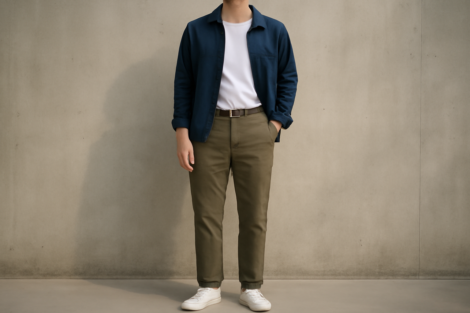 Pria memakai kaos oblong putih dengan kemeja navy terbuka dan celana chino olive