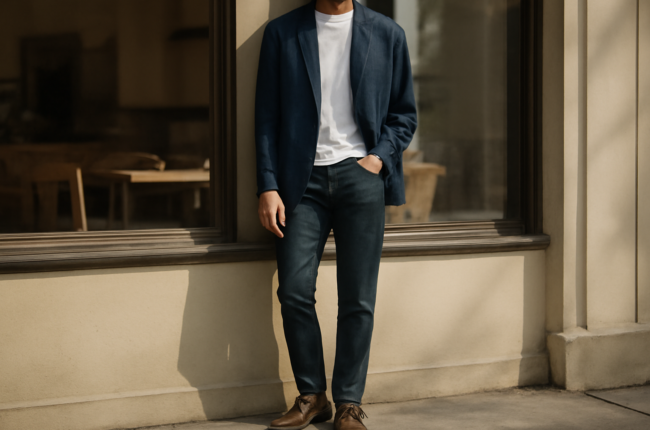 Pria memakai jas navy dengan kaos putih dan denim gelap untuk gaya kasual