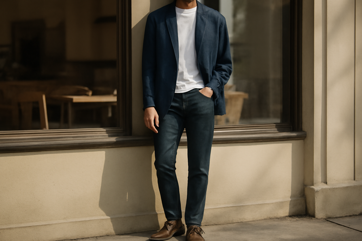 Pria memakai jas navy dengan kaos putih dan denim gelap untuk gaya kasual