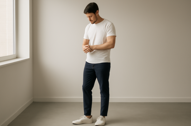 Pria mengenakan kaos putih dan celana chino navy sedang menyesuaikan jam tangan, cocok untuk panduan mix and match pemula.