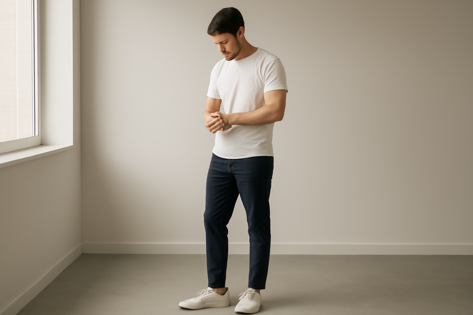 Pria mengenakan kaos putih dan celana chino navy sedang menyesuaikan jam tangan, cocok untuk panduan mix and match pemula.