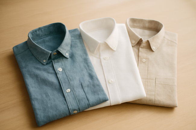 Tiga kemeja pria berbahan oxford, poplin, dan linen ditata di atas meja kayu