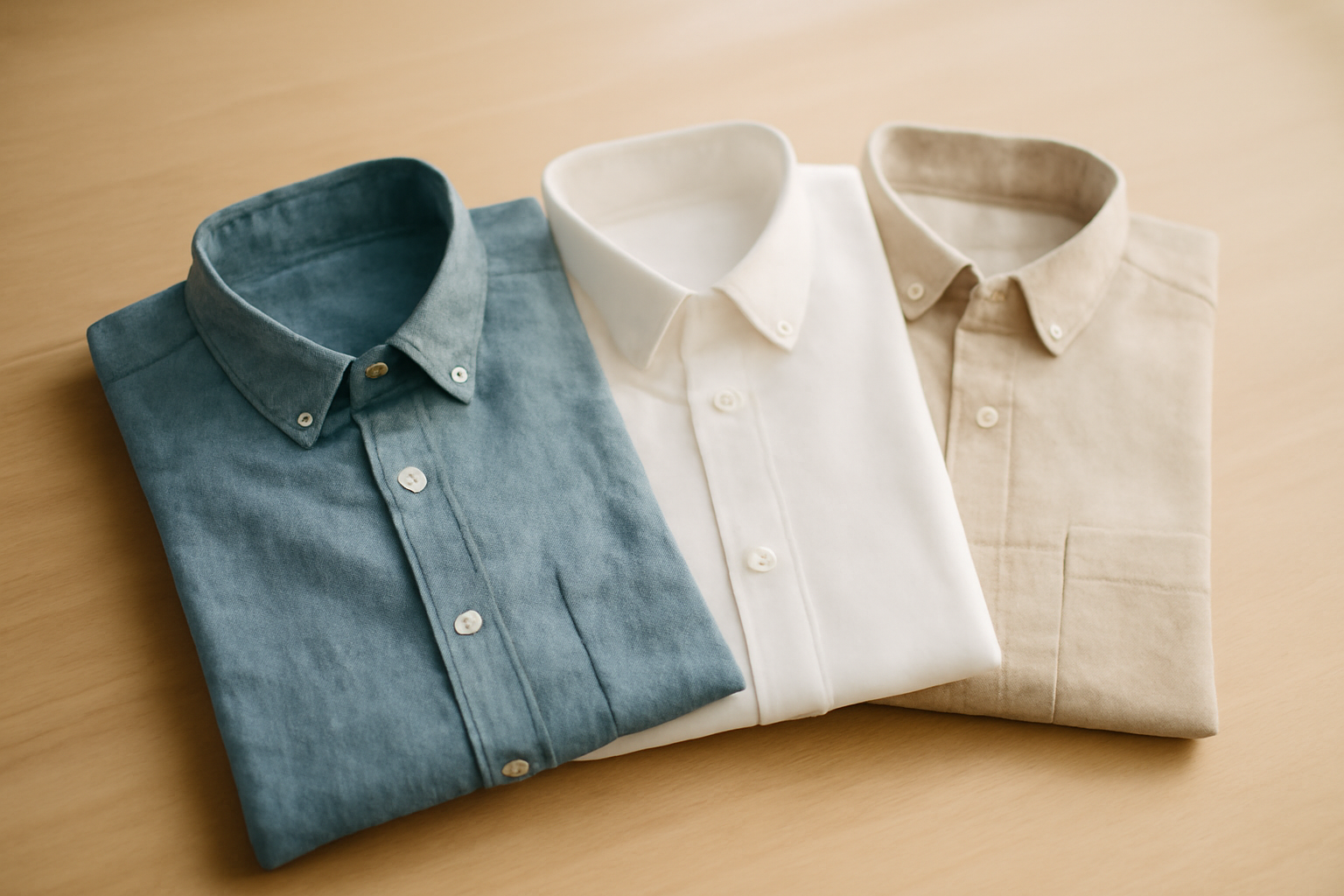 Tiga kemeja pria berbahan oxford, poplin, dan linen ditata di atas meja kayu